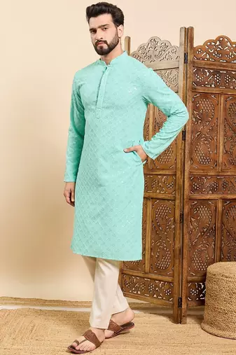 Mens sea green viscose rayon solid embroidered ethnic straight chikankari kurta