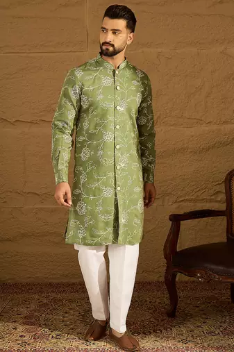 Men green viscose rayon solid embroidered straight kurta with trouser