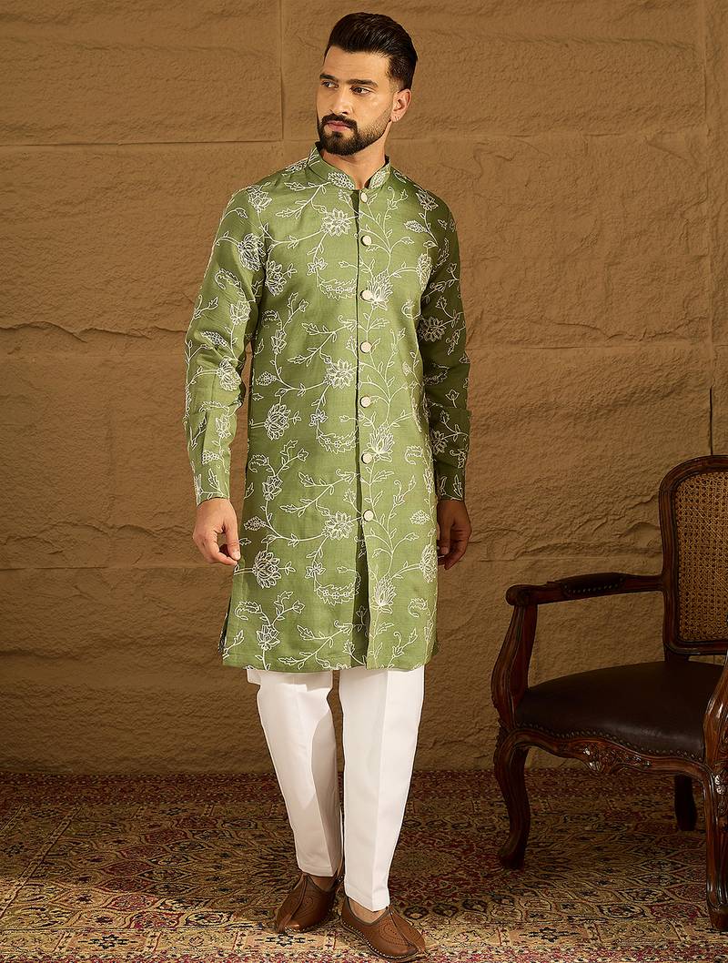 Men green viscose rayon solid embroidered straight kurta with trouser