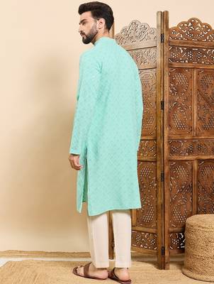 Mens sea green viscose rayon solid embroidered ethnic straight chikankari kurta 4