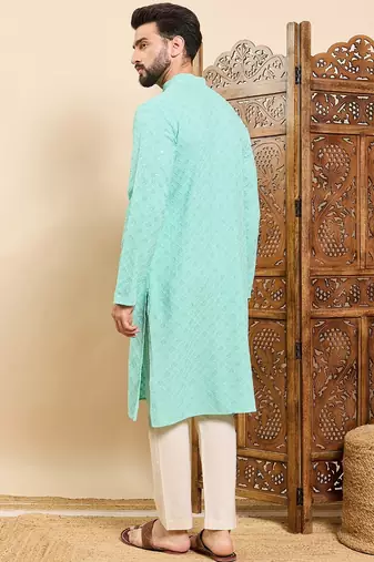 Mens sea green viscose rayon solid embroidered ethnic straight chikankari kurta