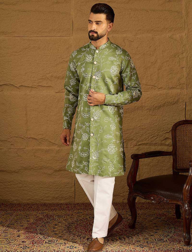 Men green viscose rayon solid embroidered straight kurta with trouser