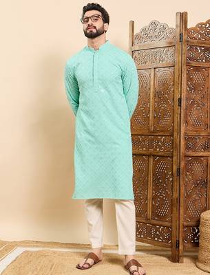 Mens sea green viscose rayon solid embroidered ethnic straight chikankari kurta 5