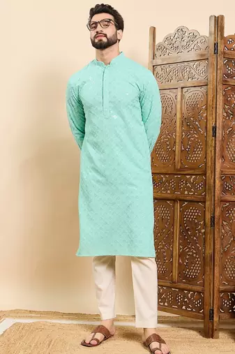 Mens sea green viscose rayon solid embroidered ethnic straight chikankari kurta