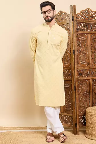 Mens yellow viscose rayon solid embroidered ethnic straight chikankari kurta