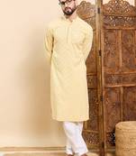 Mens yellow viscose rayon solid embroidered ethnic straight chikankari kurta
