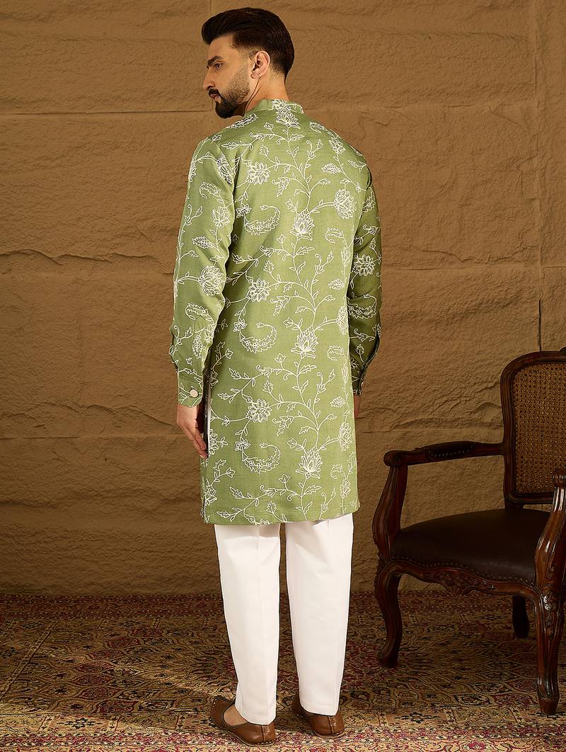 Men green viscose rayon solid embroidered straight kurta with trouser