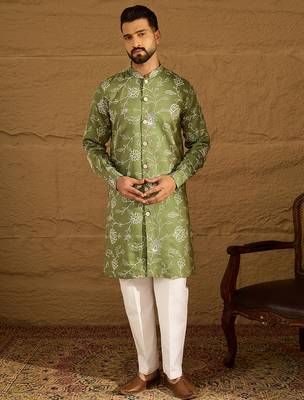 Men green viscose rayon solid embroidered straight kurta with trouser 5