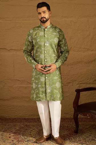 Men green viscose rayon solid embroidered straight kurta with trouser