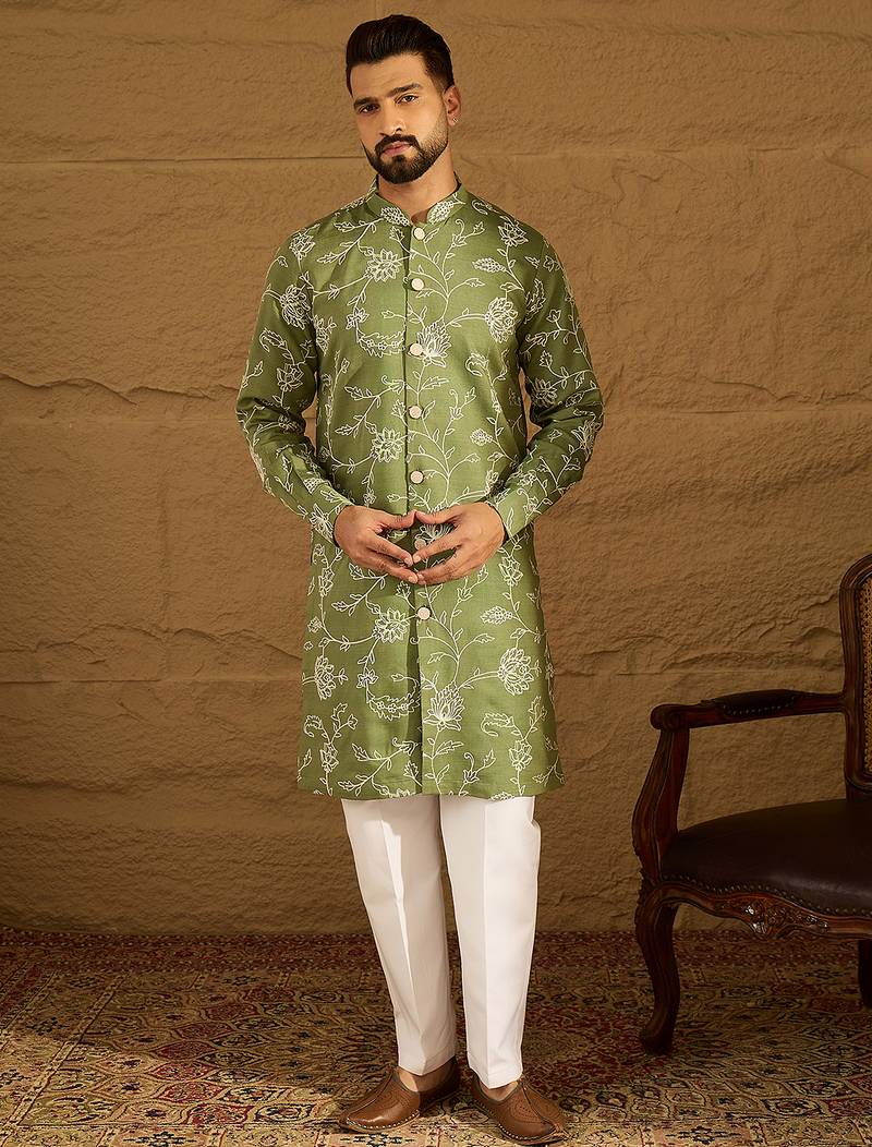 Men green viscose rayon solid embroidered straight kurta with trouser