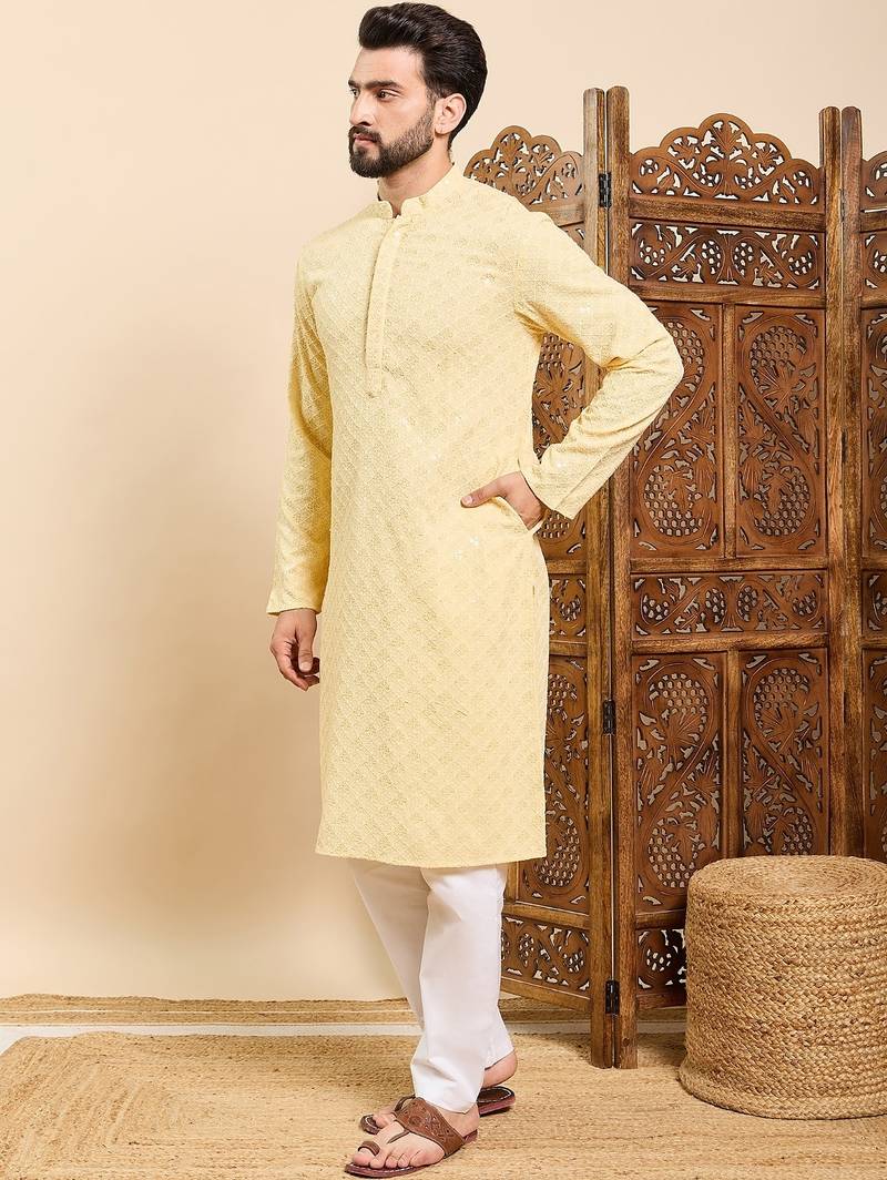 Mens yellow viscose rayon solid embroidered ethnic straight chikankari kurta