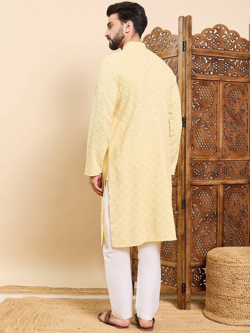 Mens yellow viscose rayon solid embroidered ethnic straight chikankari kurta