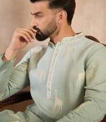 Men blue silk blend ombre embroidered straight kurta sets
