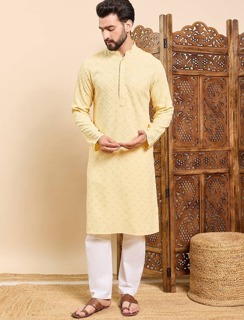 Mens yellow viscose rayon solid embroidered ethnic straight chikankari kurta