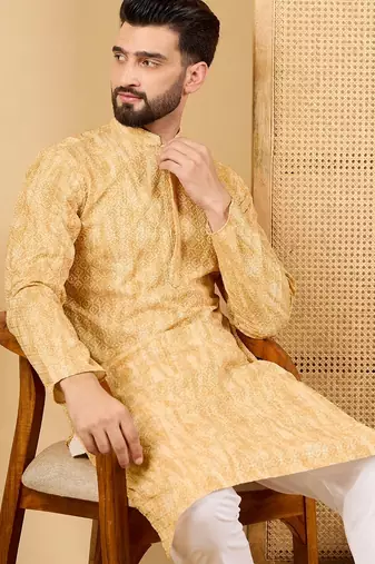 Men's yellow viscose rayon abstract embroidered straight chikankari kurta