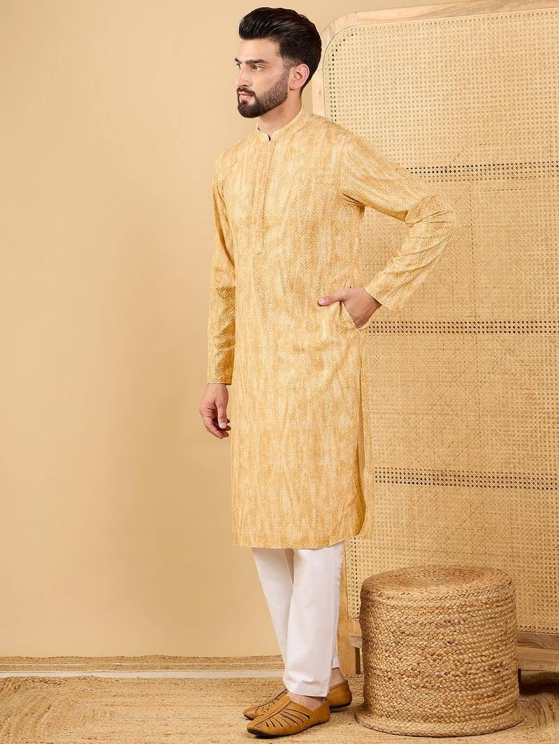 Men's yellow viscose rayon abstract embroidered straight chikankari kurta