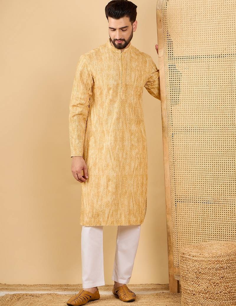 Men's yellow viscose rayon abstract embroidered straight chikankari kurta