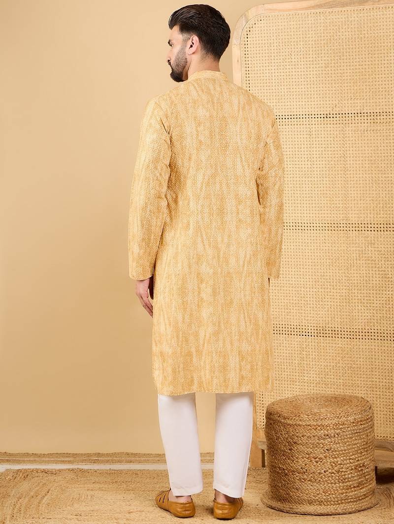 Men's yellow viscose rayon abstract embroidered straight chikankari kurta