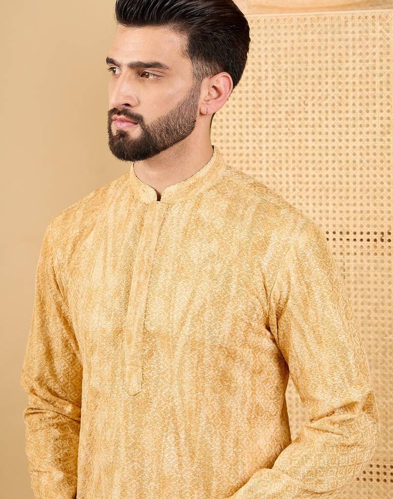 Men's yellow viscose rayon abstract embroidered straight chikankari kurta