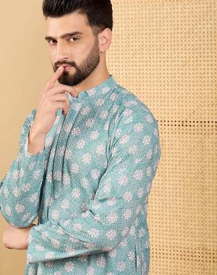 Men's sea green viscose rayon ethnic motifs embroidered straight chikankari kurta 2
