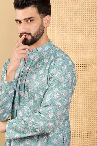 Men's sea green viscose rayon ethnic motifs embroidered straight chikankari kurta