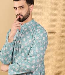 Men's sea green viscose rayon ethnic motifs embroidered straight chikankari kurta