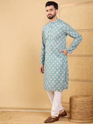 Men's sea green viscose rayon ethnic motifs embroidered straight chikankari kurta 3