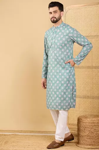 Men's sea green viscose rayon ethnic motifs embroidered straight chikankari kurta