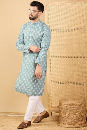 Men's sea green viscose rayon ethnic motifs embroidered straight chikankari kurta