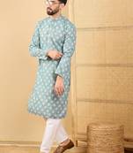 Men's sea green viscose rayon ethnic motifs embroidered straight chikankari kurta