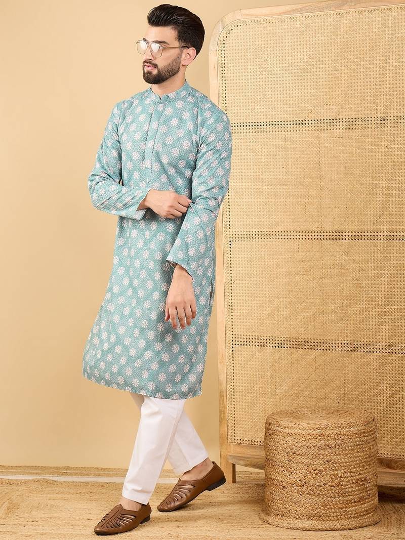 Men's sea green viscose rayon ethnic motifs embroidered straight chikankari kurta