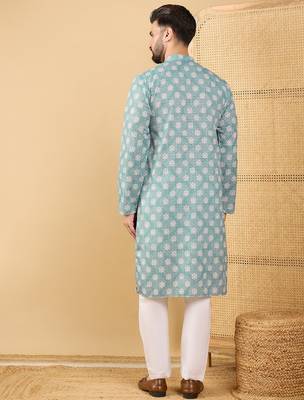 Men's sea green viscose rayon ethnic motifs embroidered straight chikankari kurta 4