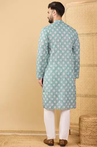 Men's sea green viscose rayon ethnic motifs embroidered straight chikankari kurta