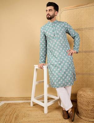 Men's sea green viscose rayon ethnic motifs embroidered straight chikankari kurta 5