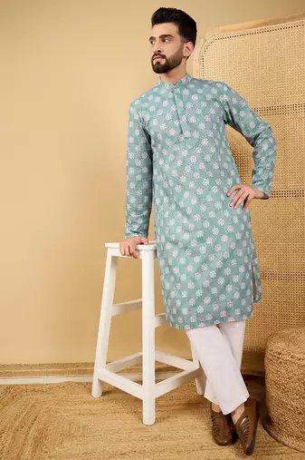 Men's sea green viscose rayon ethnic motifs embroidered straight chikankari kurta