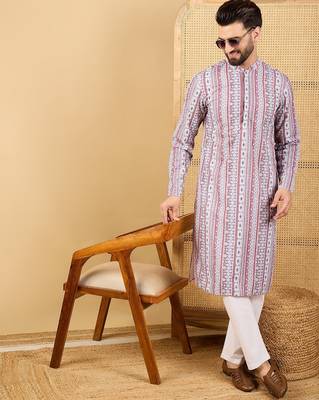 Men's white viscose rayon geometric embroidered straight chikankari kurta 1