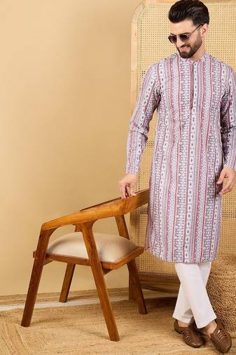 Men's white viscose rayon geometric embroidered straight chikankari kurta
