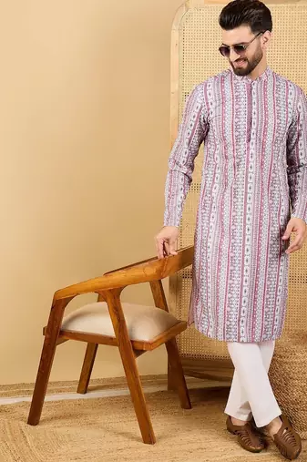 Men's white viscose rayon geometric embroidered straight chikankari kurta