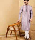 Men's white viscose rayon geometric embroidered straight chikankari kurta