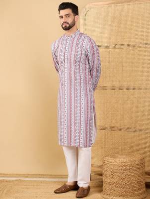 Men's white viscose rayon geometric embroidered straight chikankari kurta 2