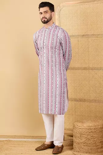 Men's white viscose rayon geometric embroidered straight chikankari kurta