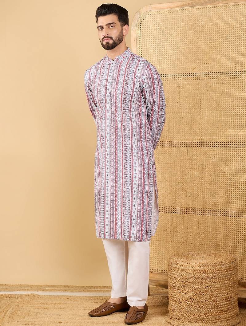 Men's white viscose rayon geometric embroidered straight chikankari kurta