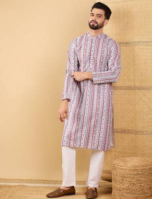 Men's white viscose rayon geometric embroidered straight chikankari kurta 3