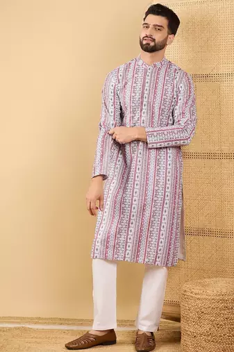 Men's white viscose rayon geometric embroidered straight chikankari kurta
