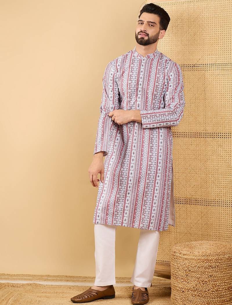 Men's white viscose rayon geometric embroidered straight chikankari kurta