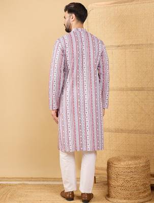 Men's white viscose rayon geometric embroidered straight chikankari kurta 4