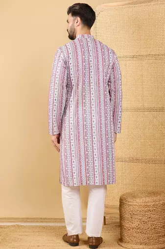 Men's white viscose rayon geometric embroidered straight chikankari kurta