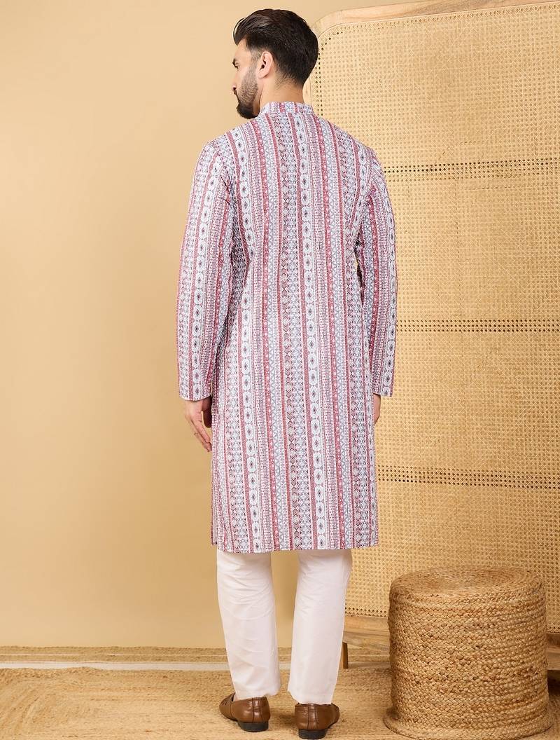 Men's white viscose rayon geometric embroidered straight chikankari kurta