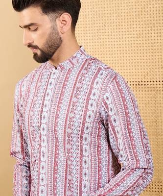 Men's white viscose rayon geometric embroidered straight chikankari kurta 5
