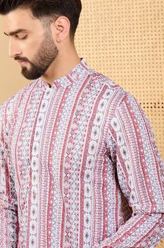 Men's white viscose rayon geometric embroidered straight chikankari kurta